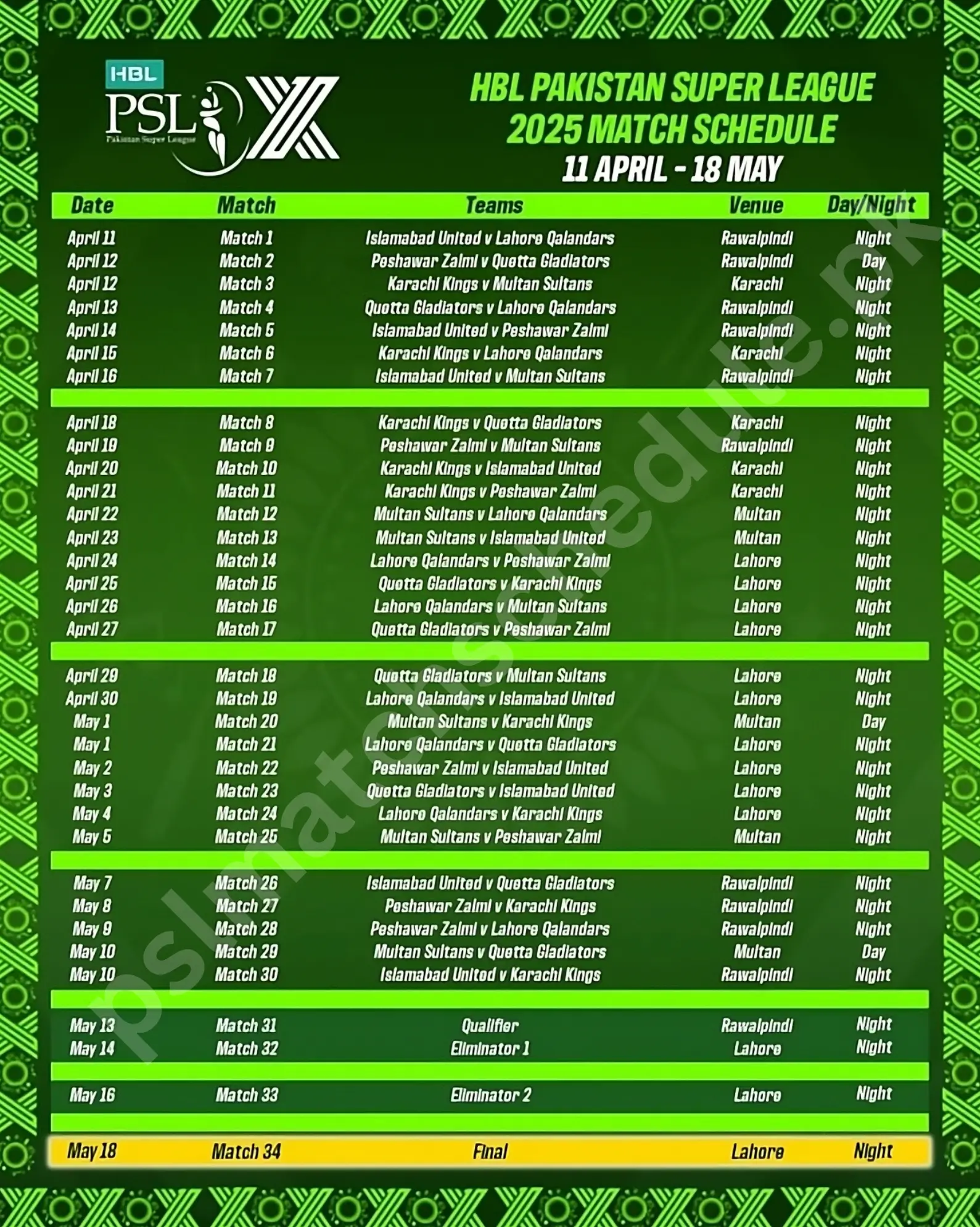 PSL schedule 2025 PSL X Schedule 2025
